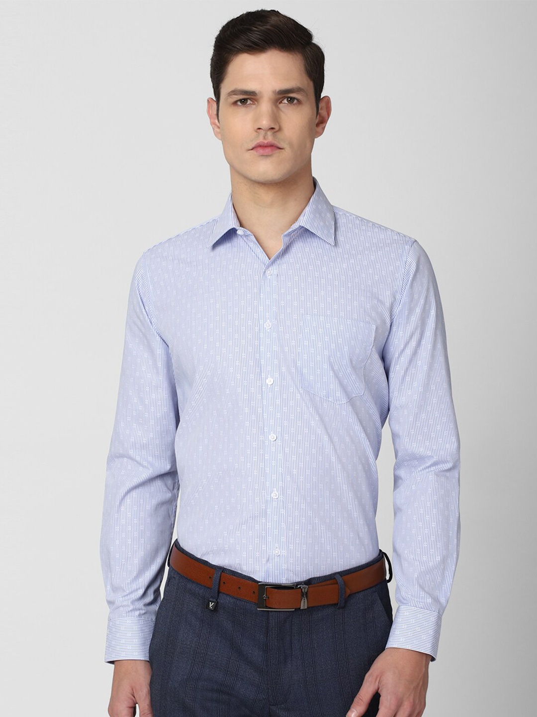 

Van Heusen Men Blue & White Slim Fit Pinstripes Striped Pure Cotton Formal Shirt