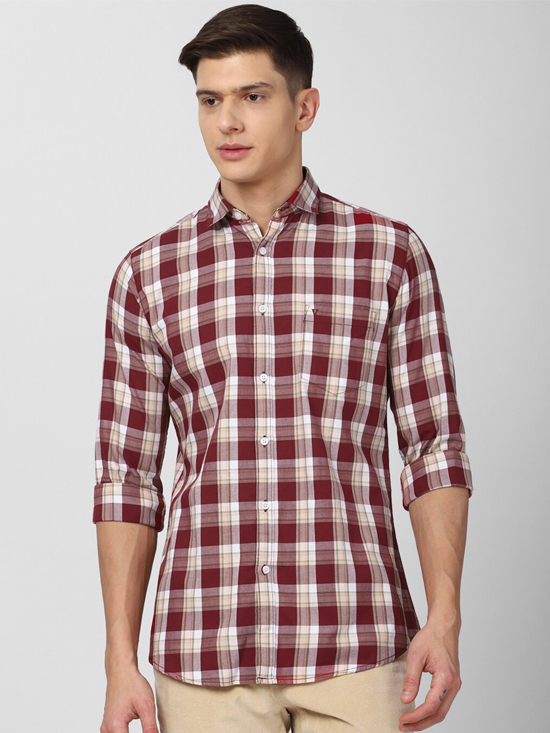 

Van Heusen Sport Men Maroon & Beige Slim Fit Checked Pure Cotton Casual Shirt