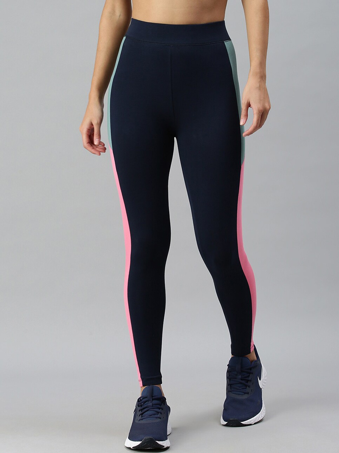 

De Moza Women Nay Blue & Pink Colourblocked Cotton Active Wear Leggings, Navy blue