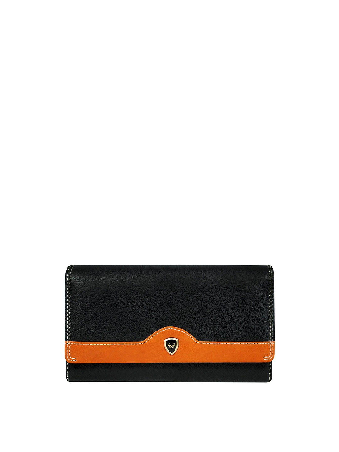 

CALFNERO Women Black & Orange Colourblocked Leather Three Fold Wallet