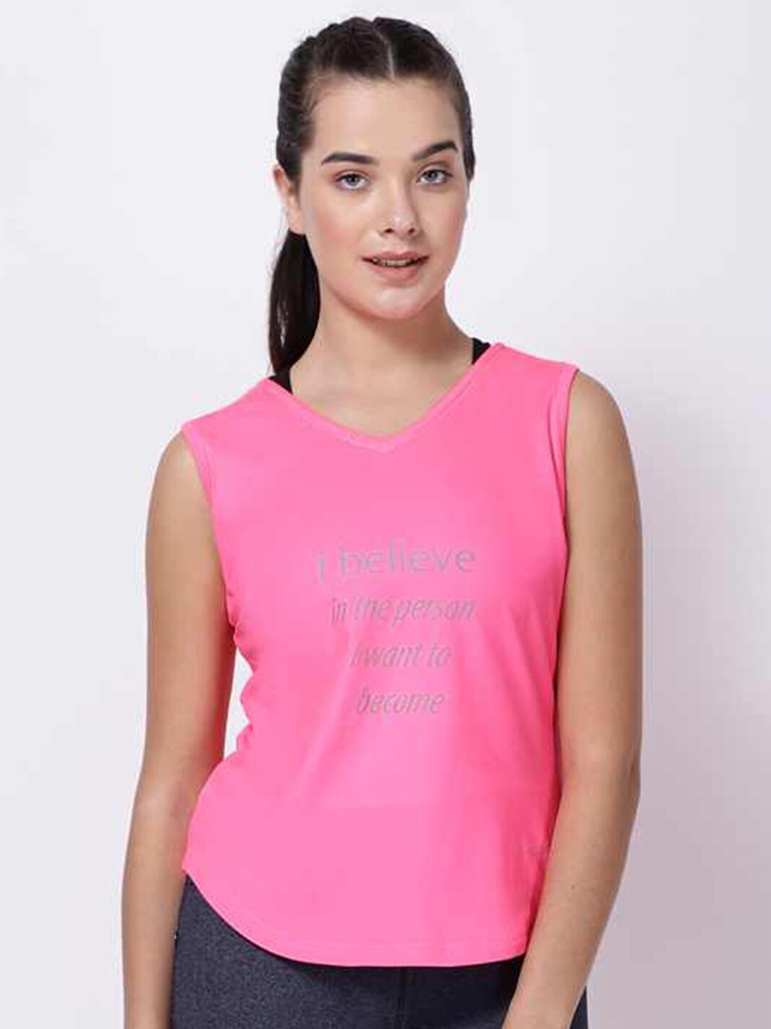 

STUDIOACTIV Women Pink Typography Printed V-Neck T-shirt