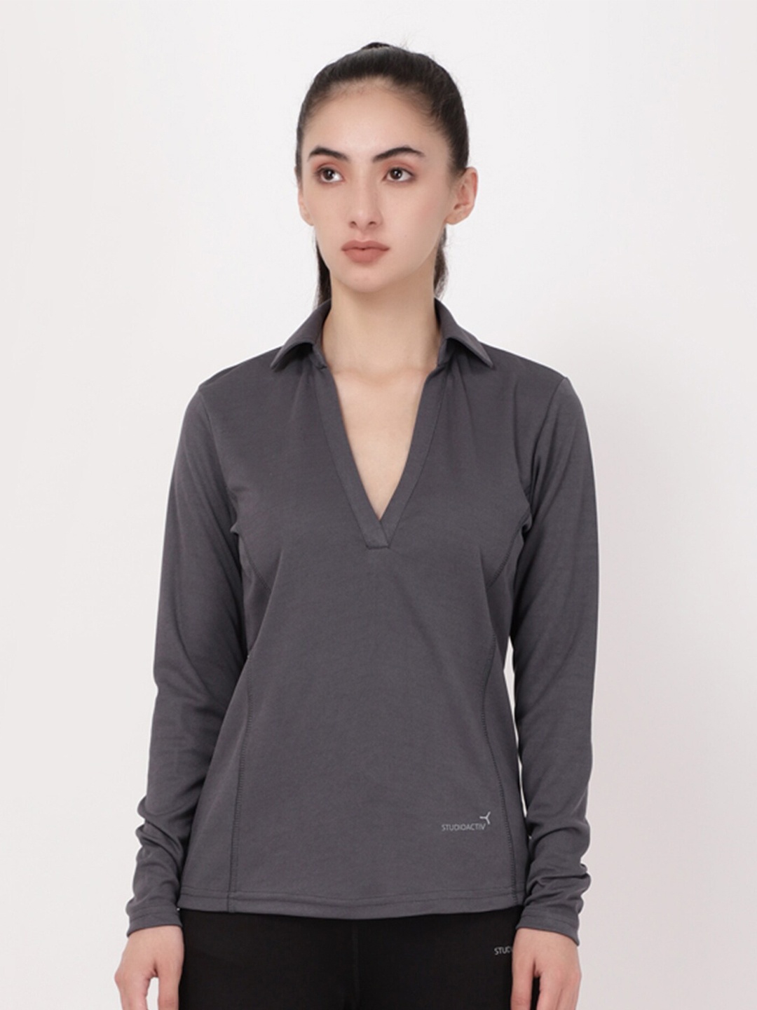 

STUDIOACTIV Women Grey Solid Shirt Collar regular Fit T-shirt