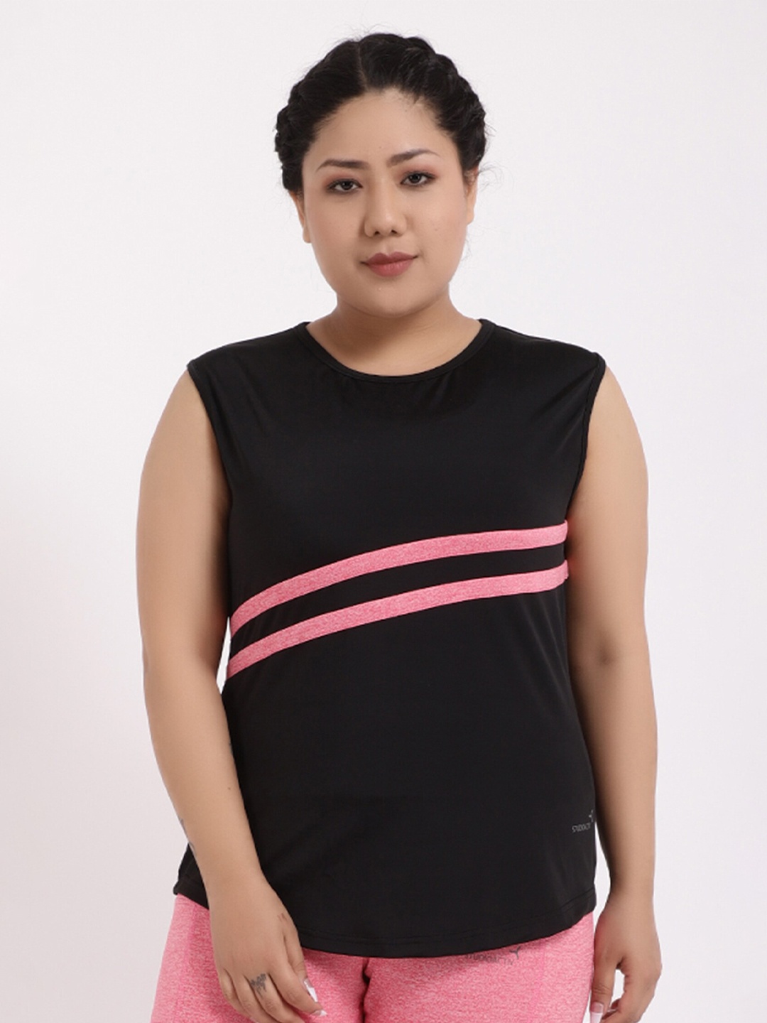 

STUDIOACTIV Women Plus Size Black & Pink Striped Round Neck T-shirt