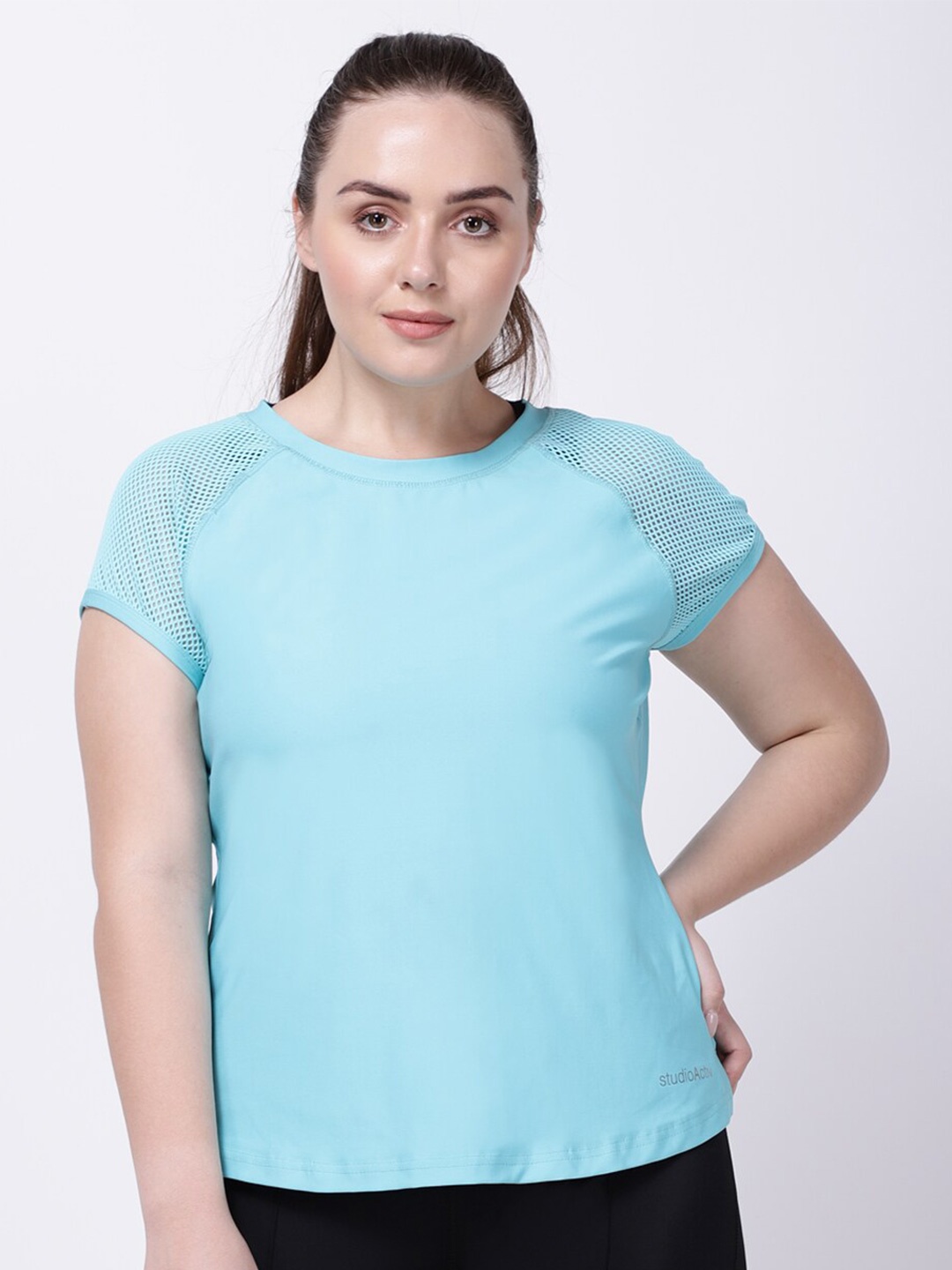 

STUDIOACTIV Women Plus Size Turquoise Blue Moisture Wicking Regular Fit T-shirt