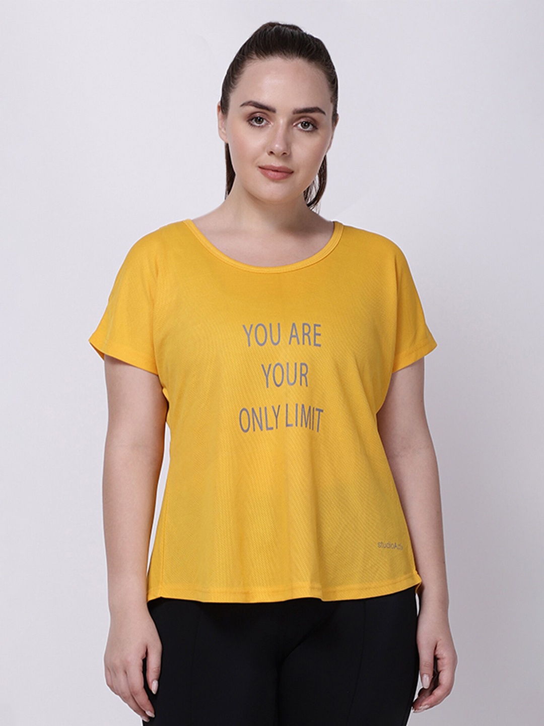 

STUDIOACTIV Women Gold-Toned Typography Printed Drop-Shoulder Sleeves T-shirt