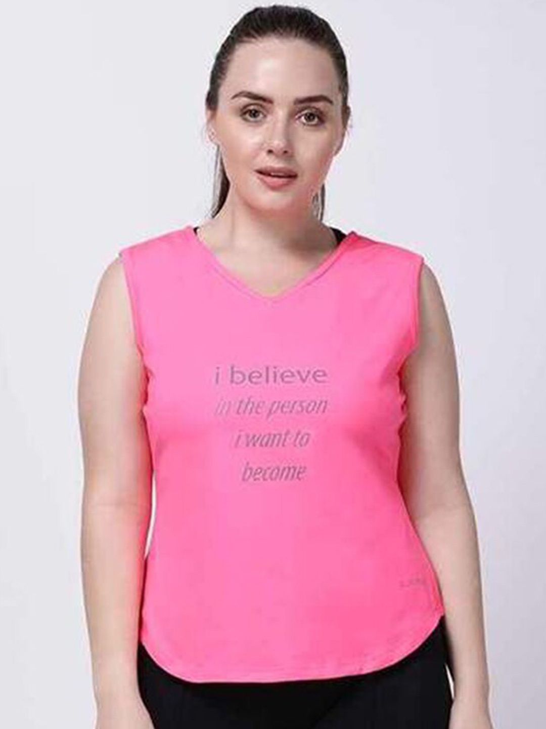 

STUDIOACTIV Plus Size Women Pink Typography Printed V-Neck T-shirt