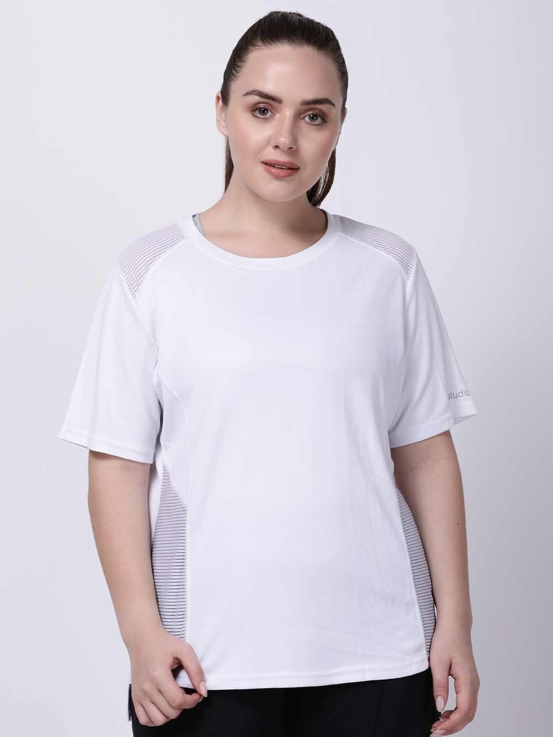 

STUDIOACTIV Women White Striped Placement Regular Fit T-shirt