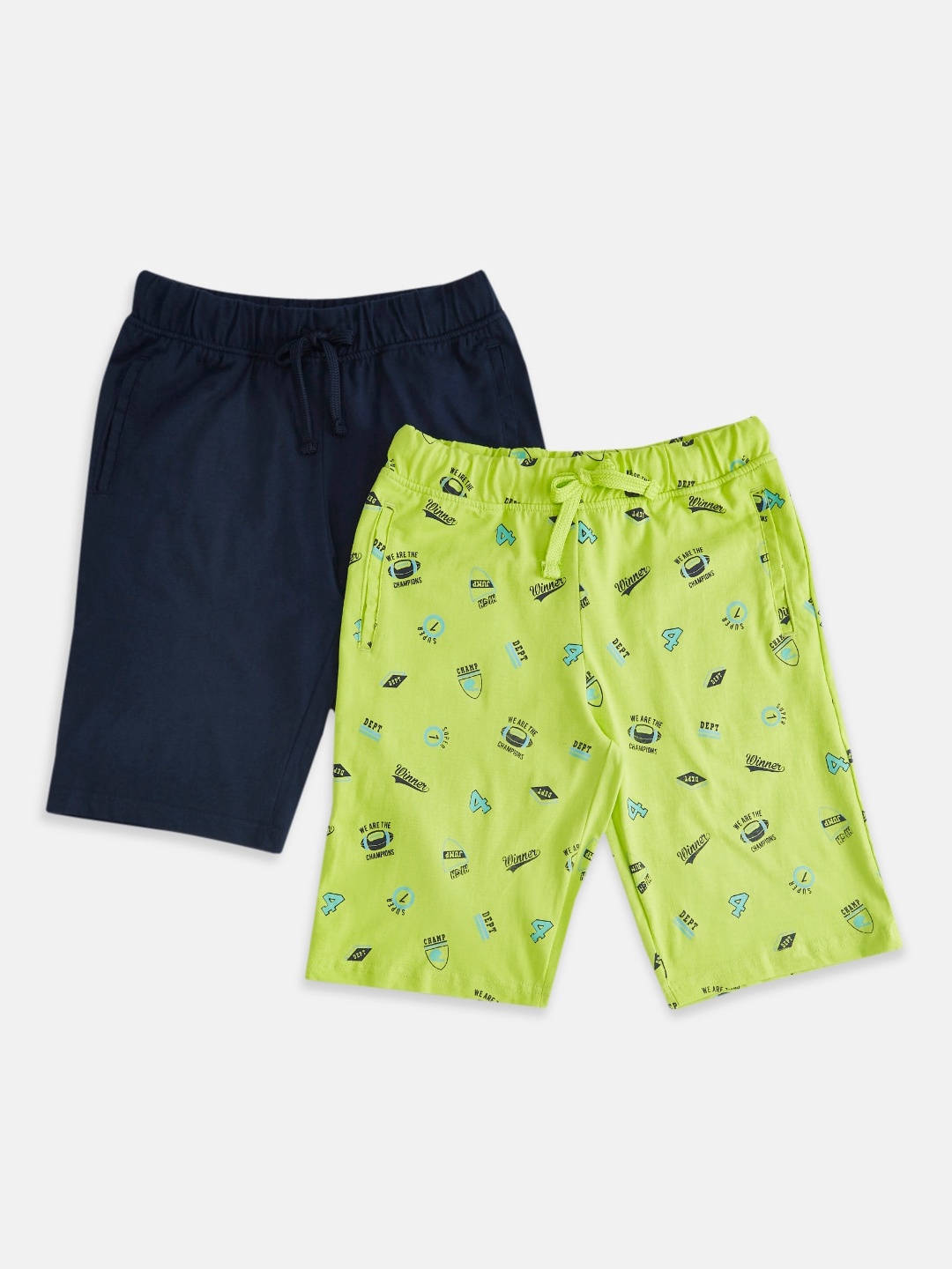 

Pantaloons Junior Boys Pack of 2 Lime Green & Navy Blue Printed Regular Shorts