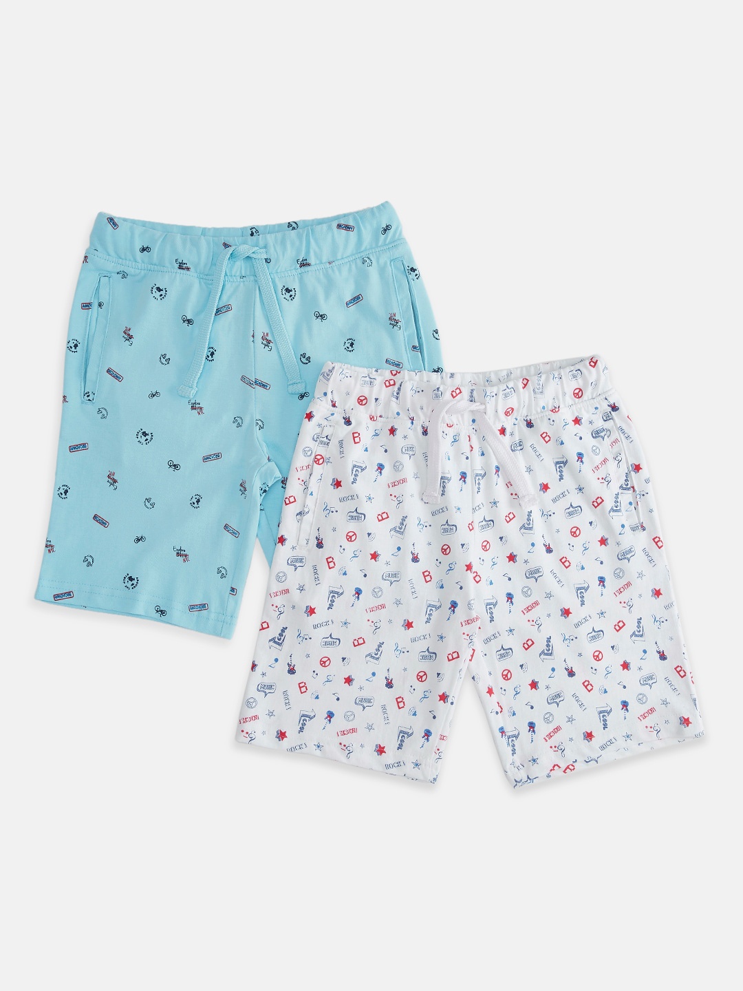 Pantaloons Junior Boys Pack Of 2 Turquoise Blue & White Printed Pure Cotton Shorts