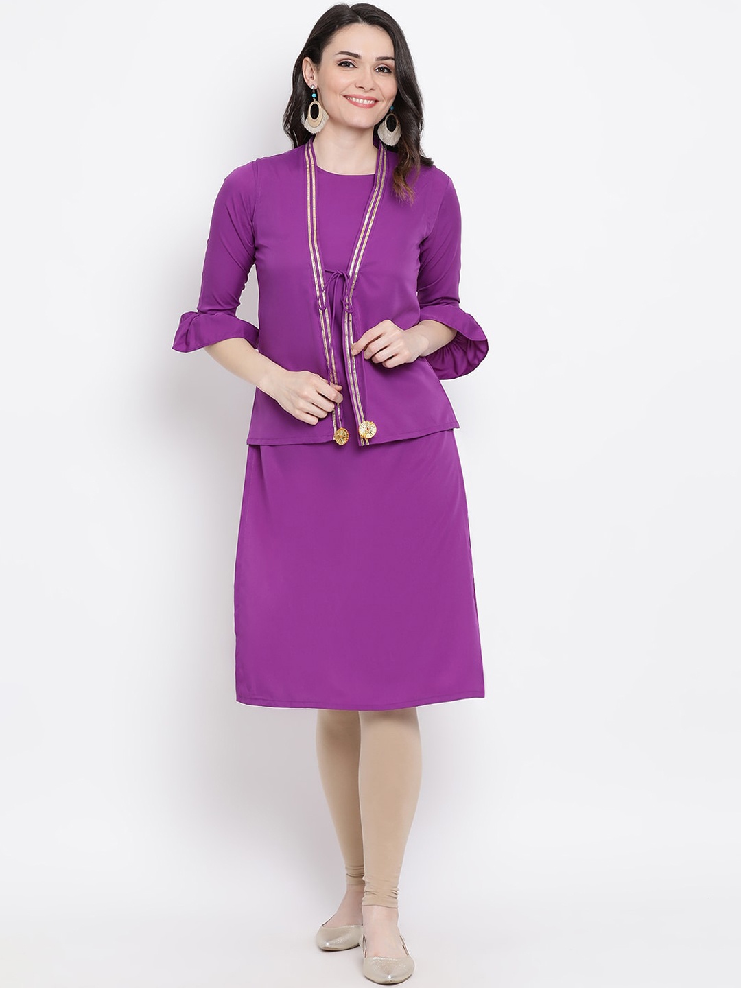 

FABNEST Women Purple Layered Flared Sleeves Crepe Kurta