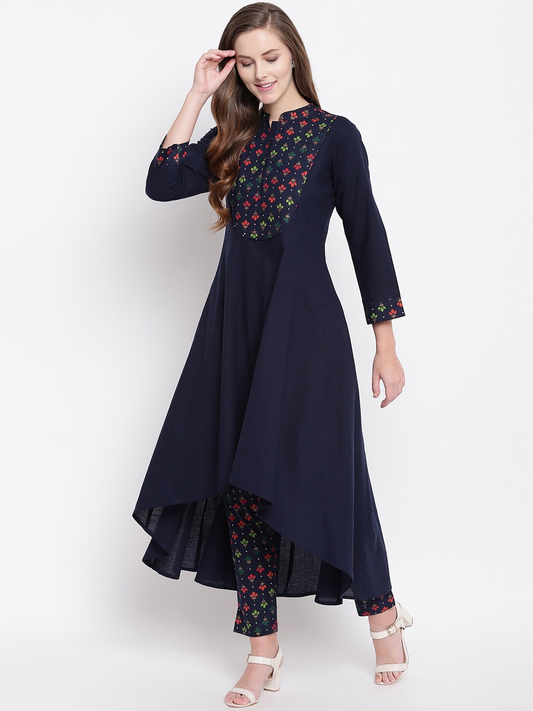 

FABNEST Women Navy Blue Floral Anarkali Cotton Kurta