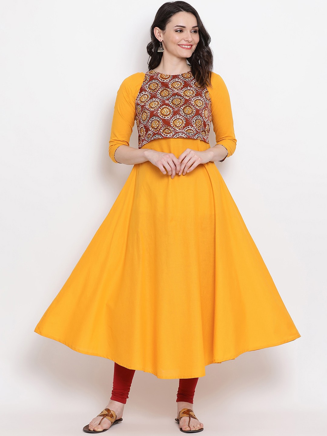 

FABNEST Women Maroon & Yellow Ethnic Motifs Printed Anarkali Kurta