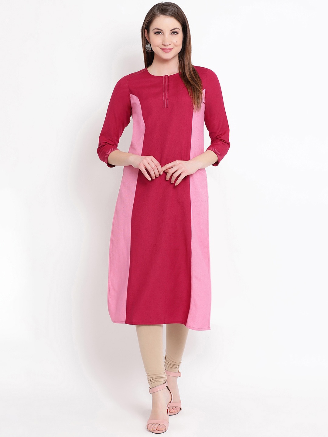 

FABNEST Women Red & Pink Colourblocked A-Line Cotton Kurta