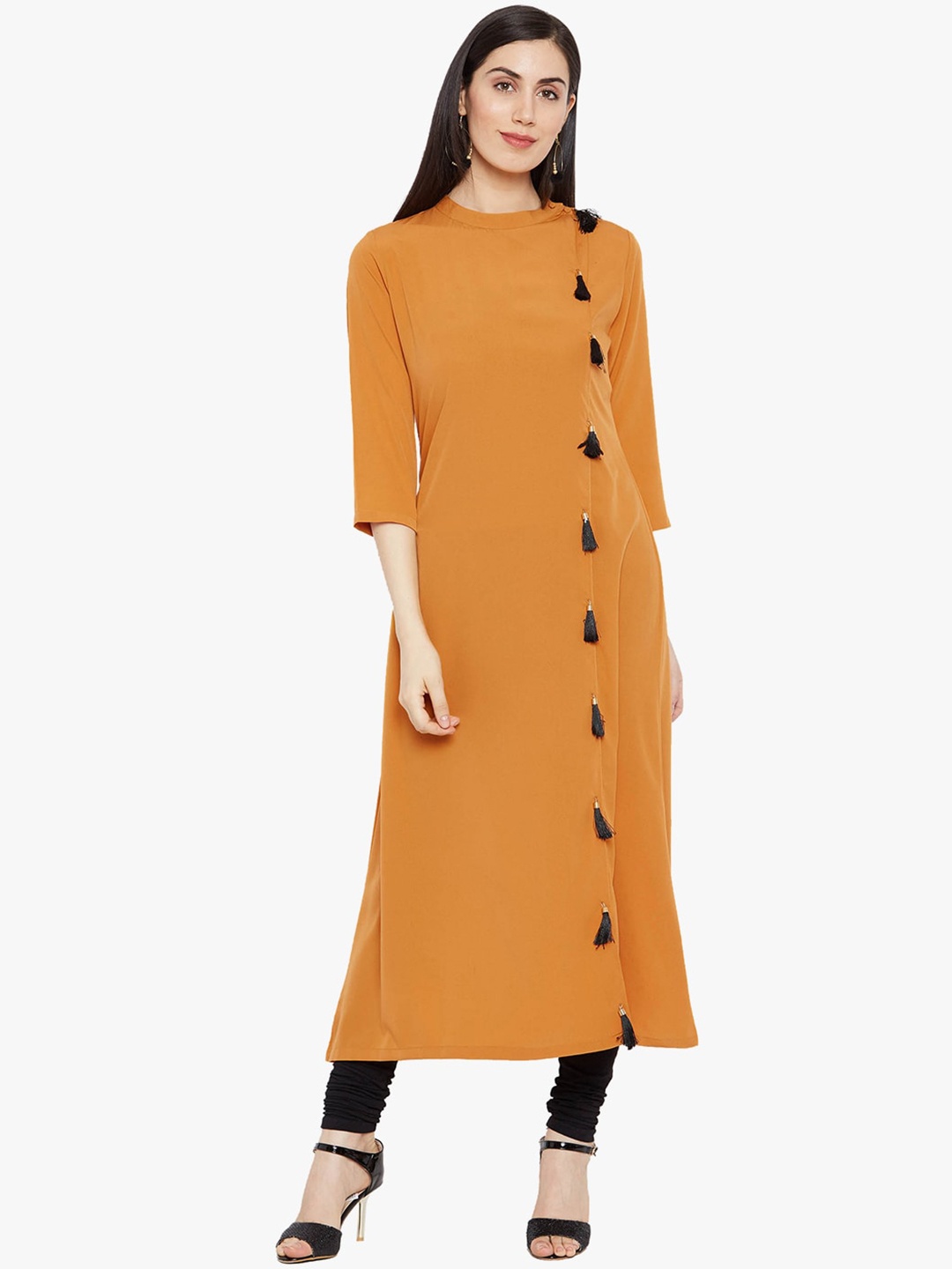 

FABNEST Women Mustard Yellow Solid Angrakha Crepe Kurta