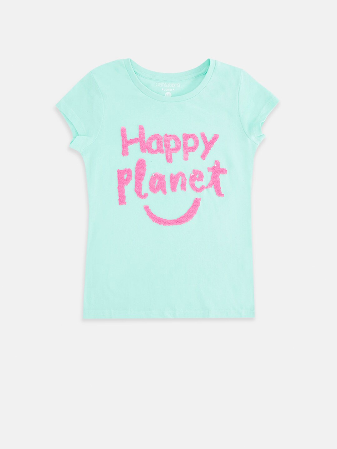 

Pantaloons Junior Girls Mint Green & Pink Typography Printed Pure Cotton T-shirt