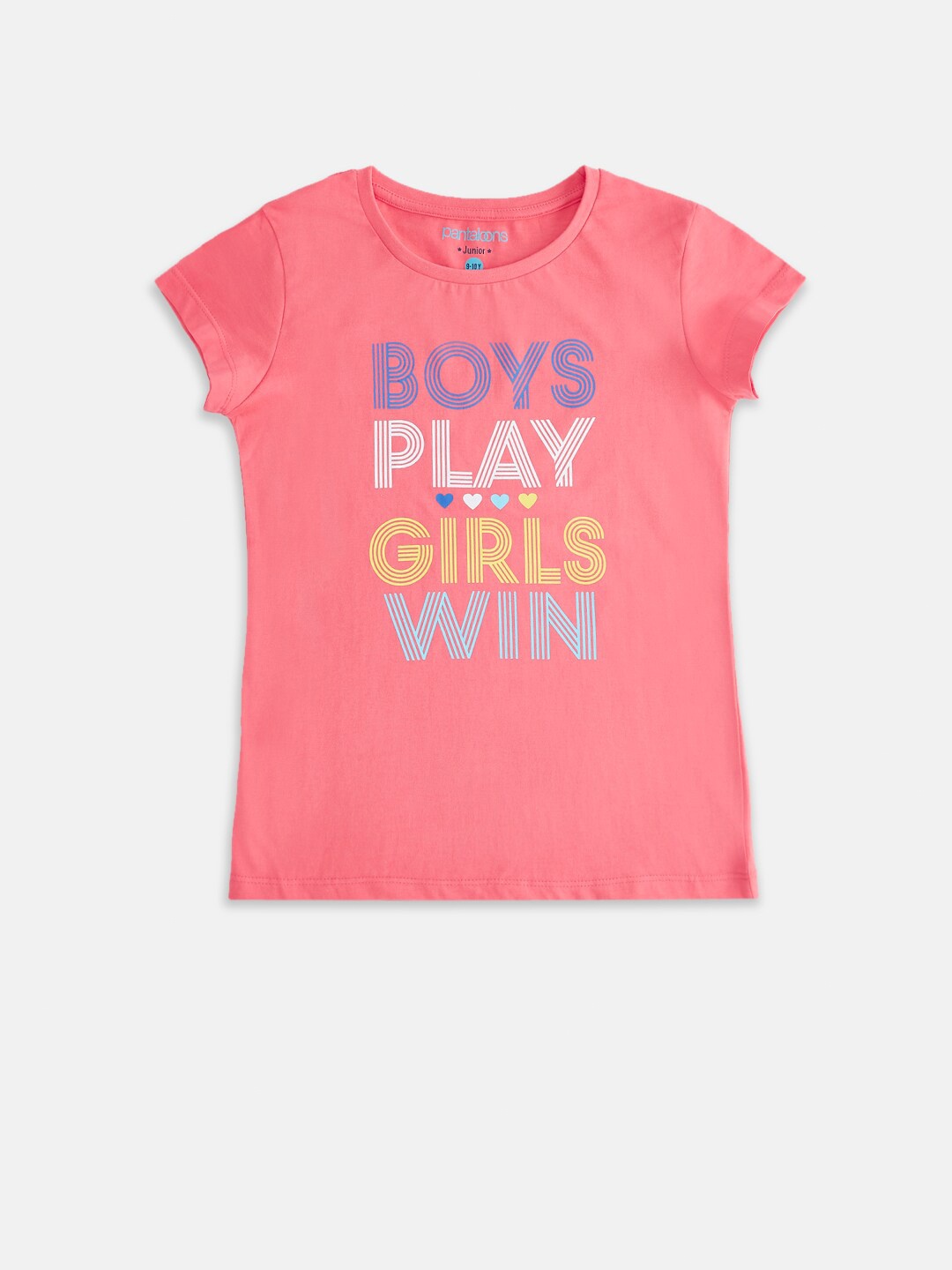 

Pantaloons Junior Girls Coral Pink & Yellow Typography Printed Pure Cotton T-shirt