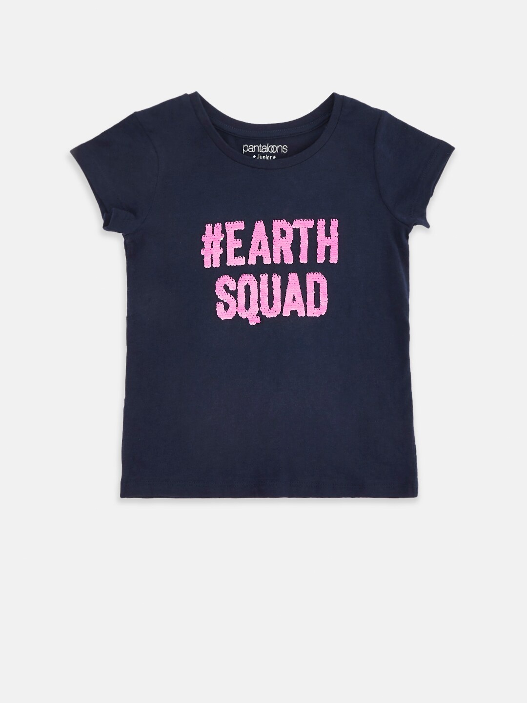 

Pantaloons Junior Girls Navy Blue Typography Printed T-shirt