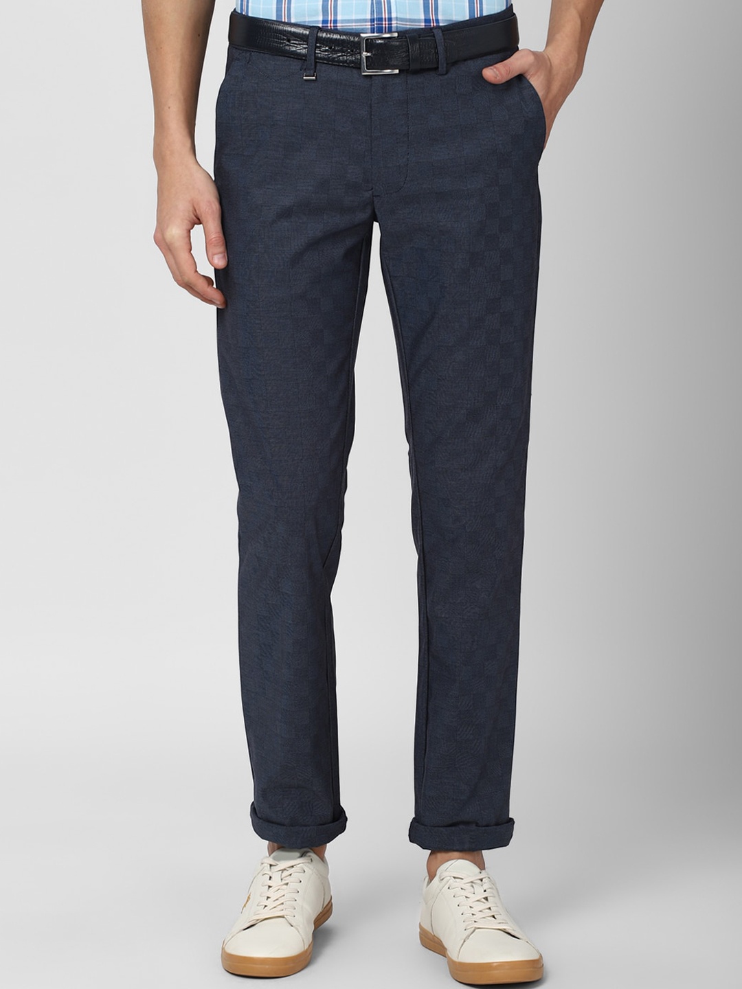 

Van Heusen Men Navy Blue Checked Slim Fit Trousers