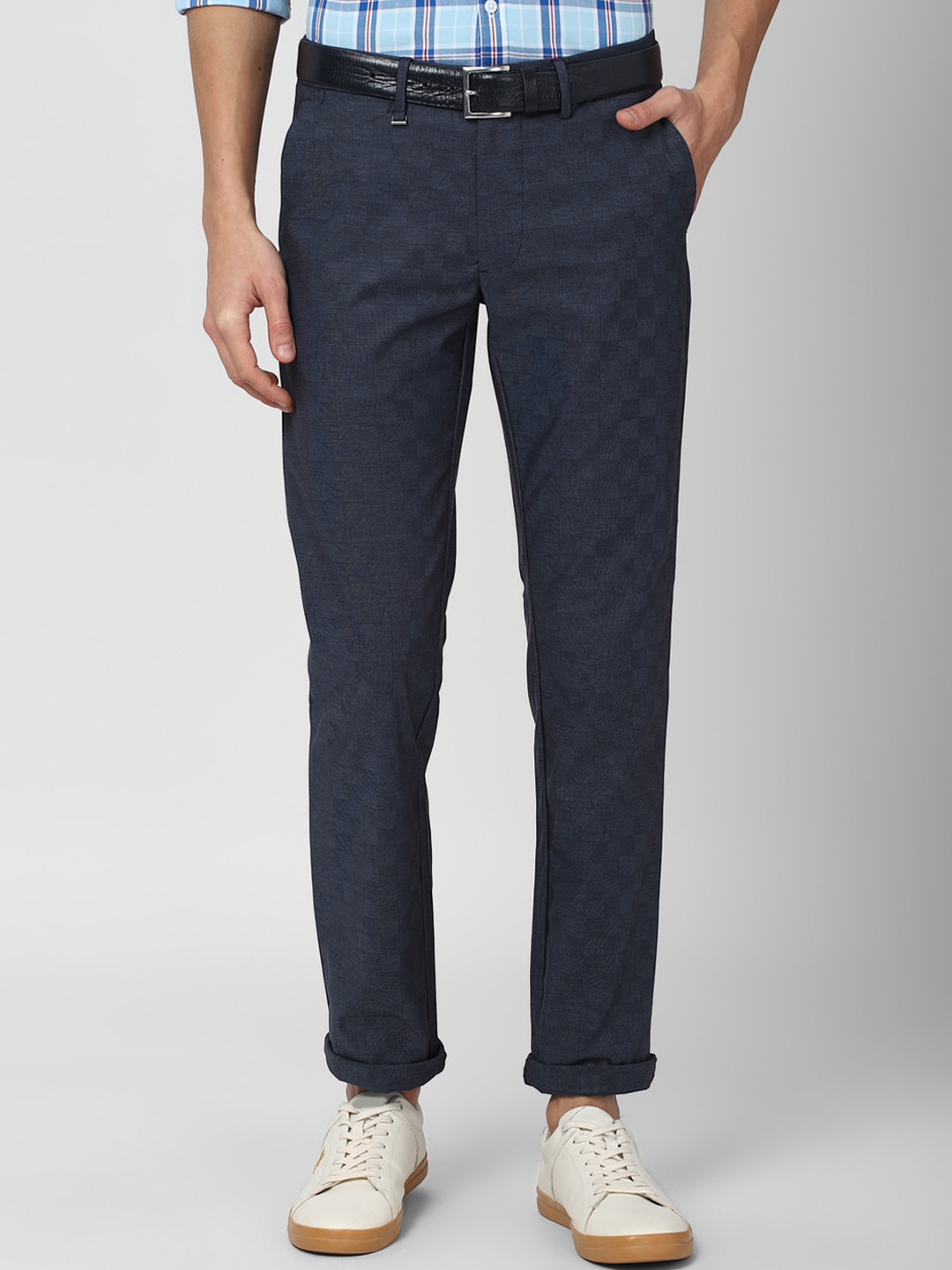 

Van Heusen Men Navy Blue Self Design Checked Slim Fit Cotton Trousers