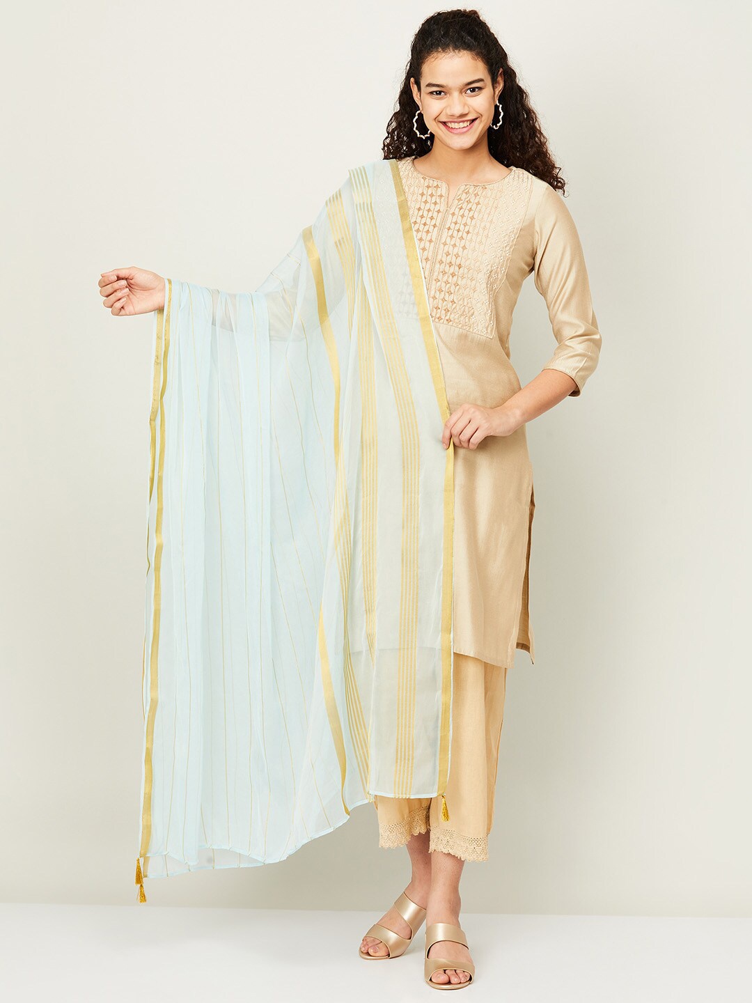 

Melange by Lifestyle Women Blue & Gold-Toned Striped Dupatta