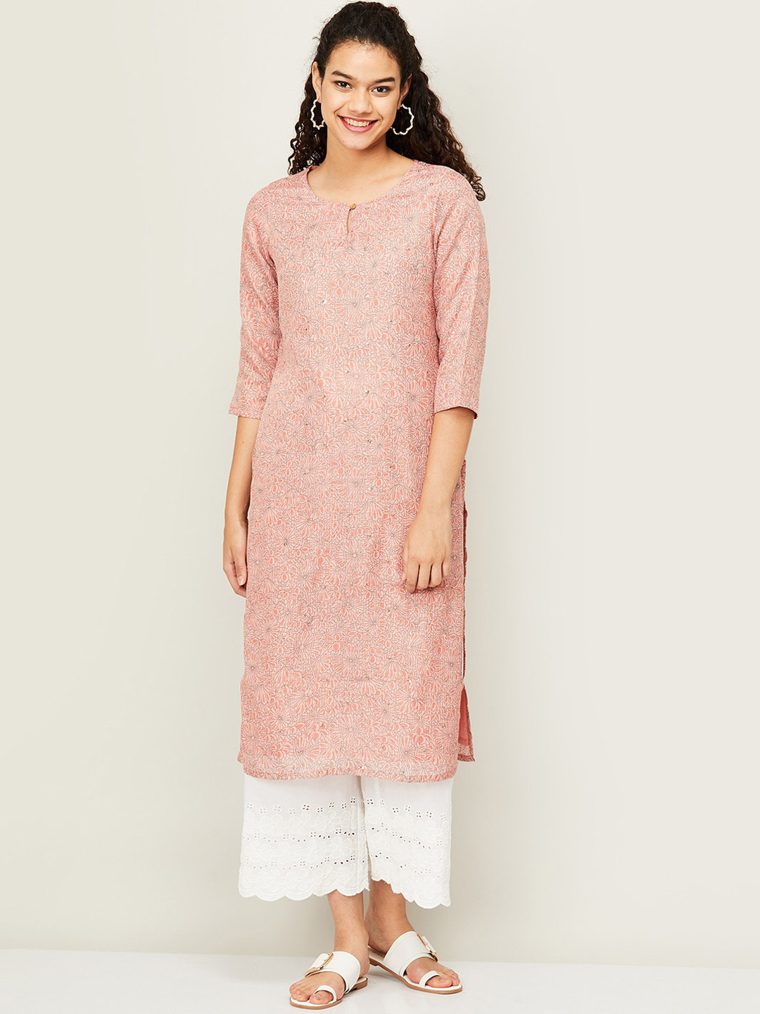 

Melange by Lifestyle Women Pink & Grey Floral Printed Kurta