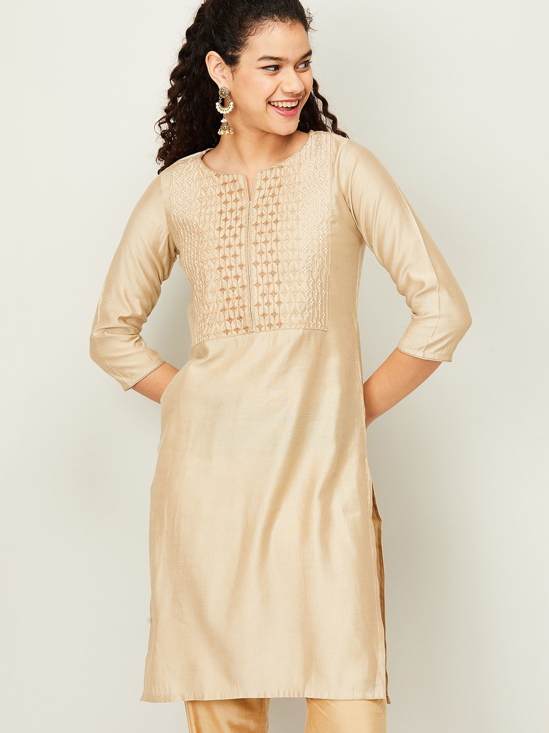

Melange by Lifestyle Women Beige Ethnic Motifs Yoke Design Cotton Kurta