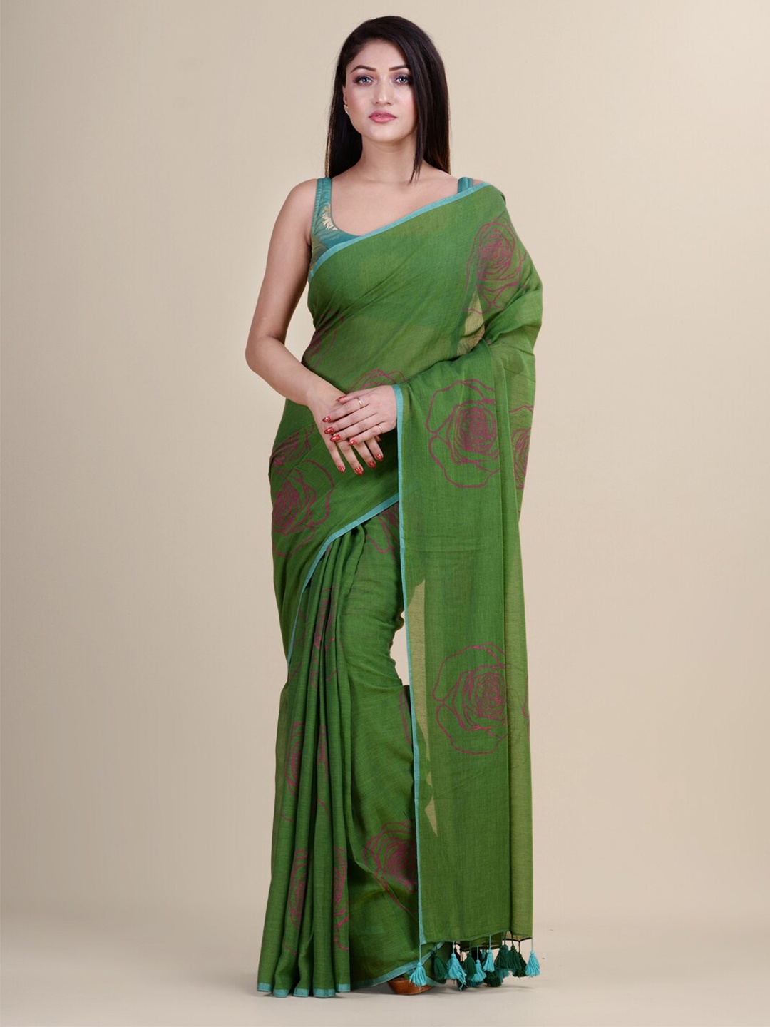 

Laa Calcutta Green & Red Woven Design Silk Cotton Jamdani Saree