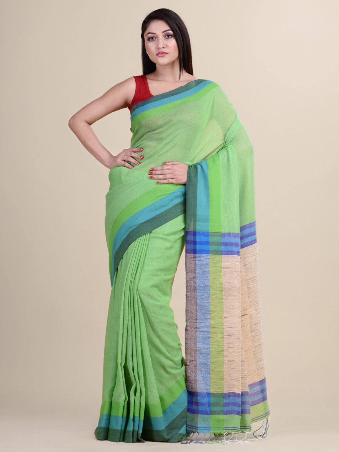 

Laa Calcutta Green & Blue Striped Silk Cotton Jamdani Saree
