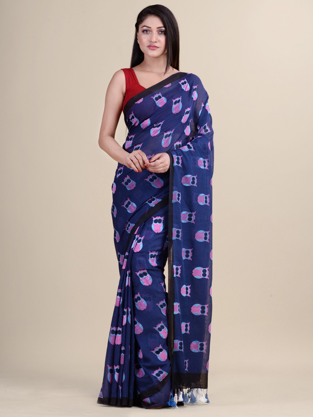 

Laa Calcutta Navy Blue & Pink Pure Cotton Jamdani Saree