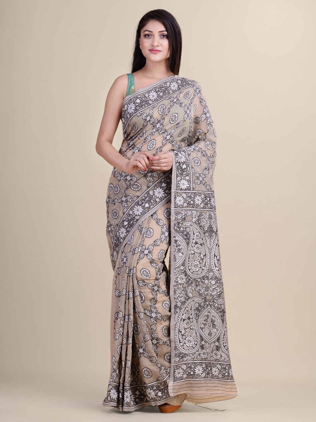

Laa Calcutta Beige & Grey Woven Design Handloom Silk Cotton Jamdani Saree