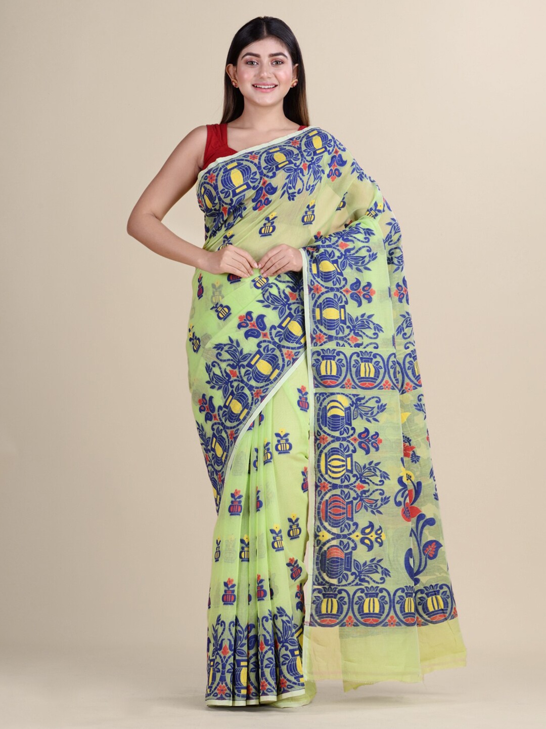 

Laa Calcutta Green & Blue Woven Design Silk Cotton Jamdani Handloom Saree