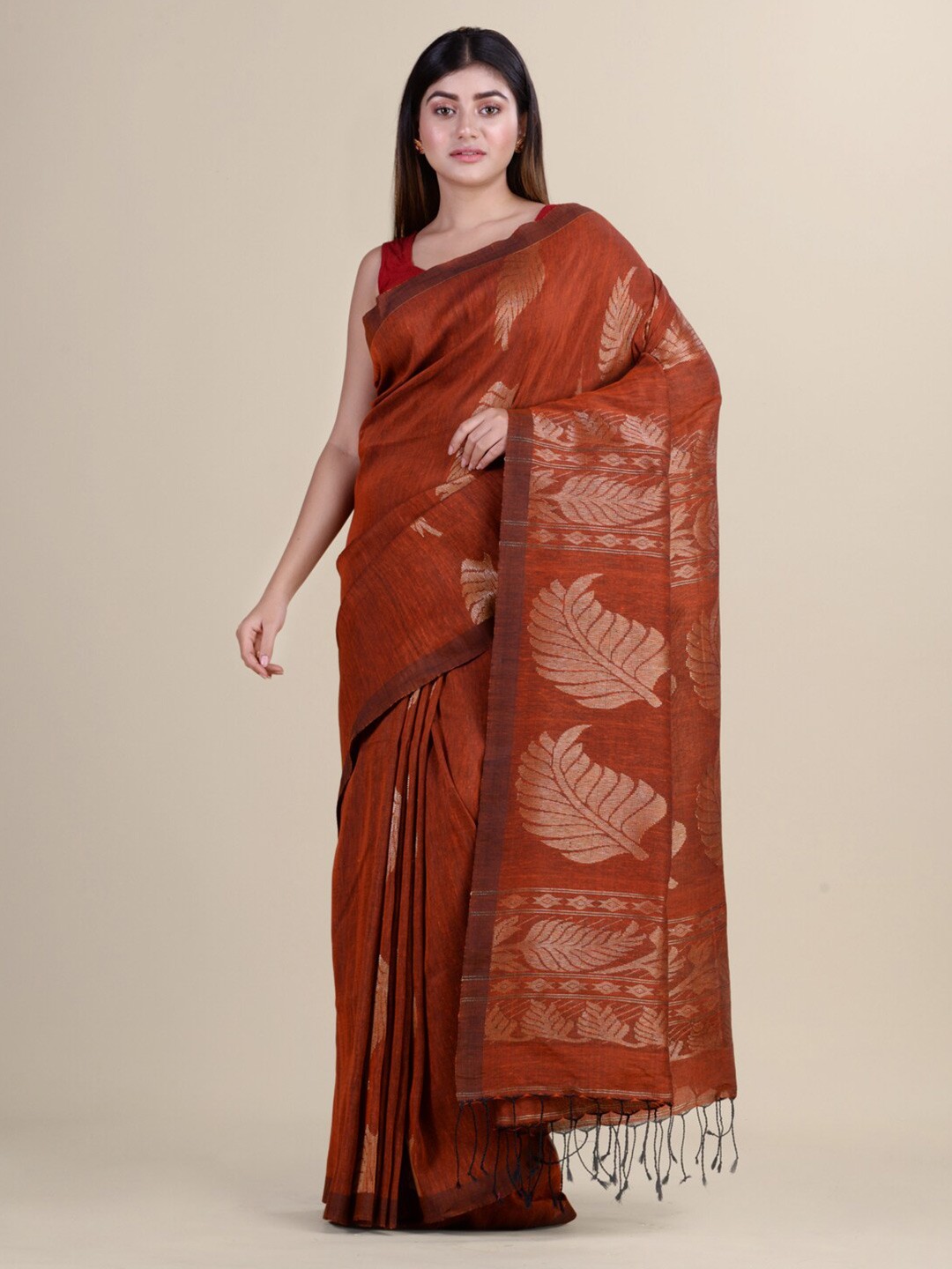 

Laa Calcutta Brown & Gold-Toned Woven Design Silk Cotton Jamdani Saree