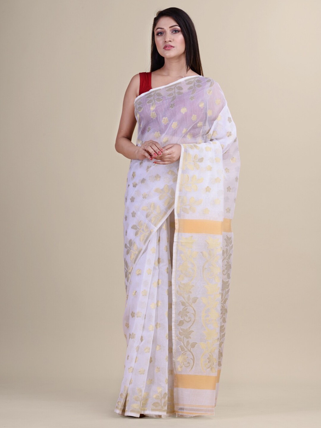 

Laa Calcutta White & Beige Woven Design Silk Cotton Jamdani Handloom Saree