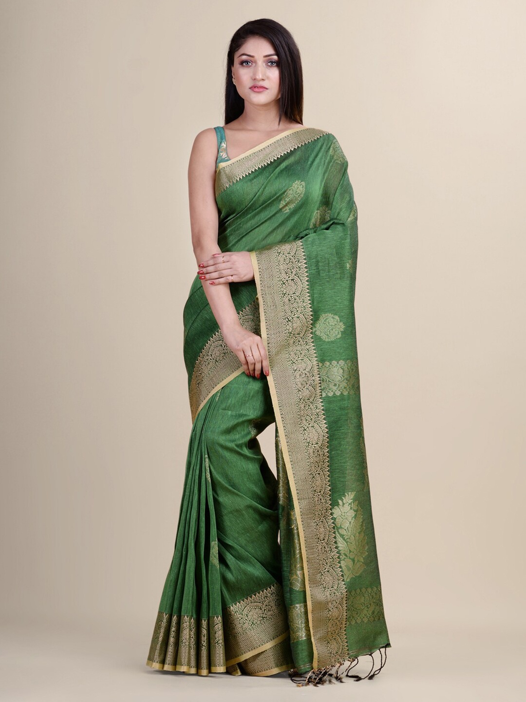 

Laa Calcutta Green & Gold-Toned Ethnic Motifs Zari Silk Cotton Jamdani Saree