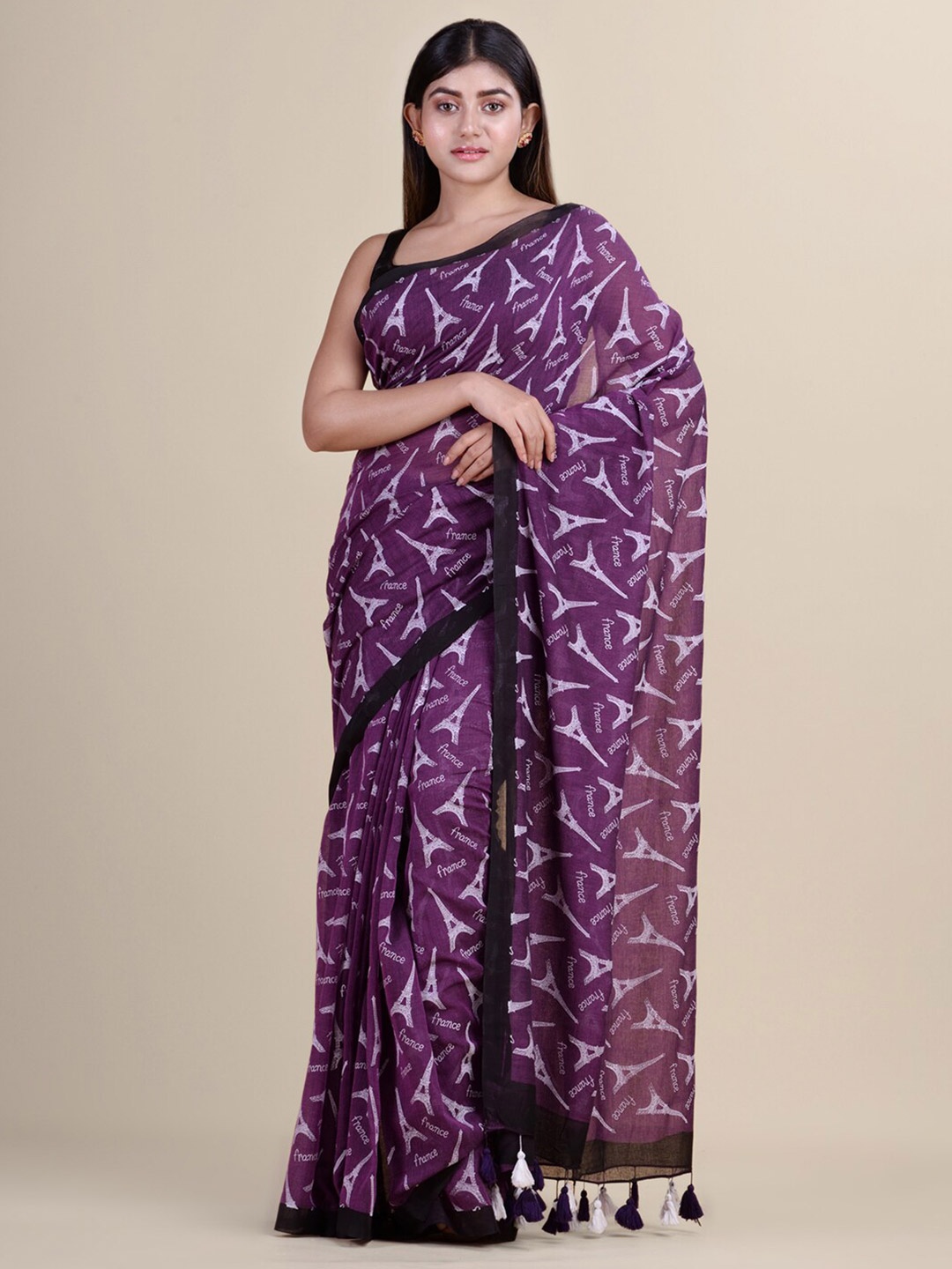 

Laa Calcutta Purple & White Woven Design Silk Cotton Jamdani Saree