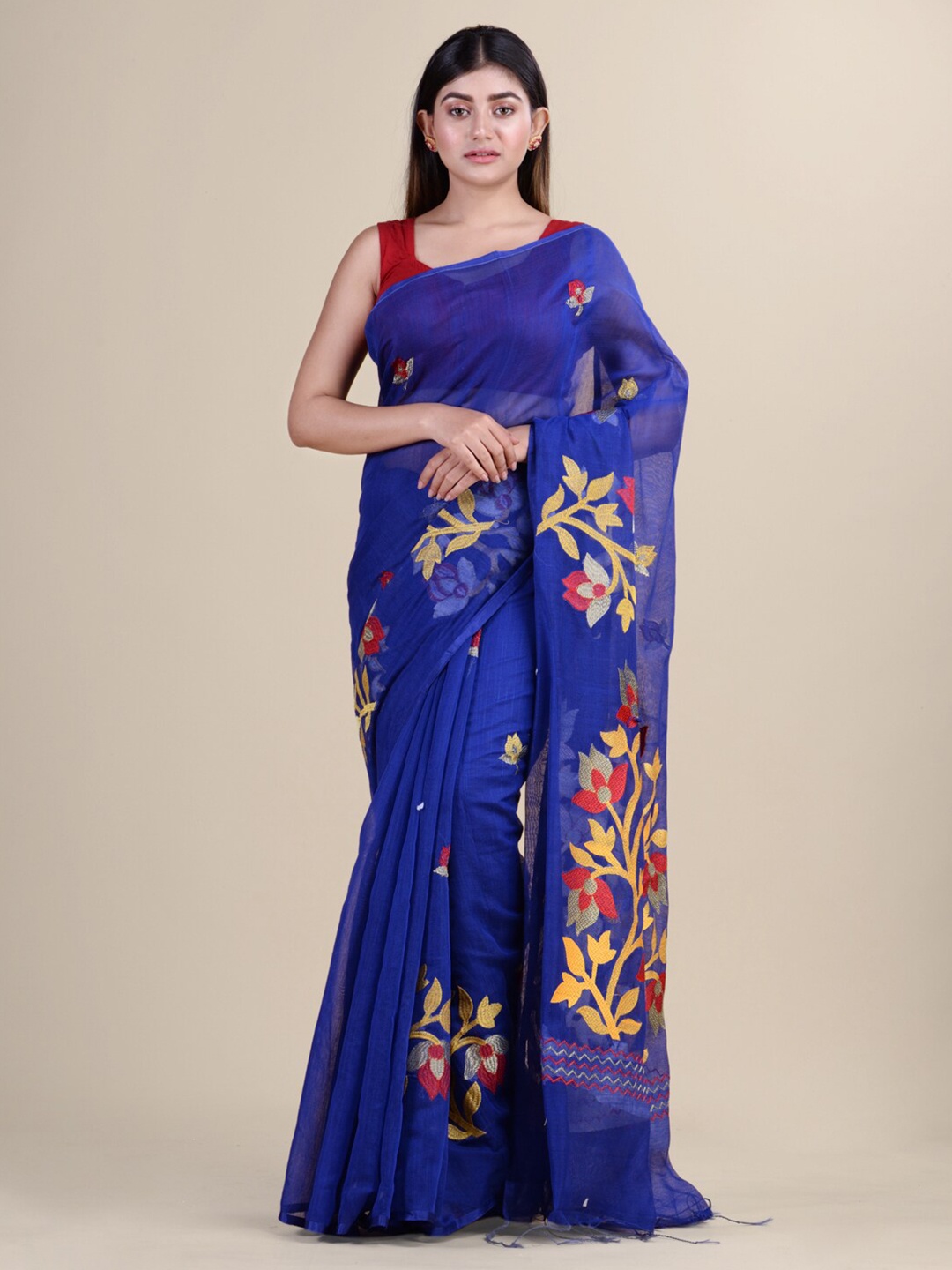 

Laa Calcutta Women Blue Cotton Silk Printed Saree