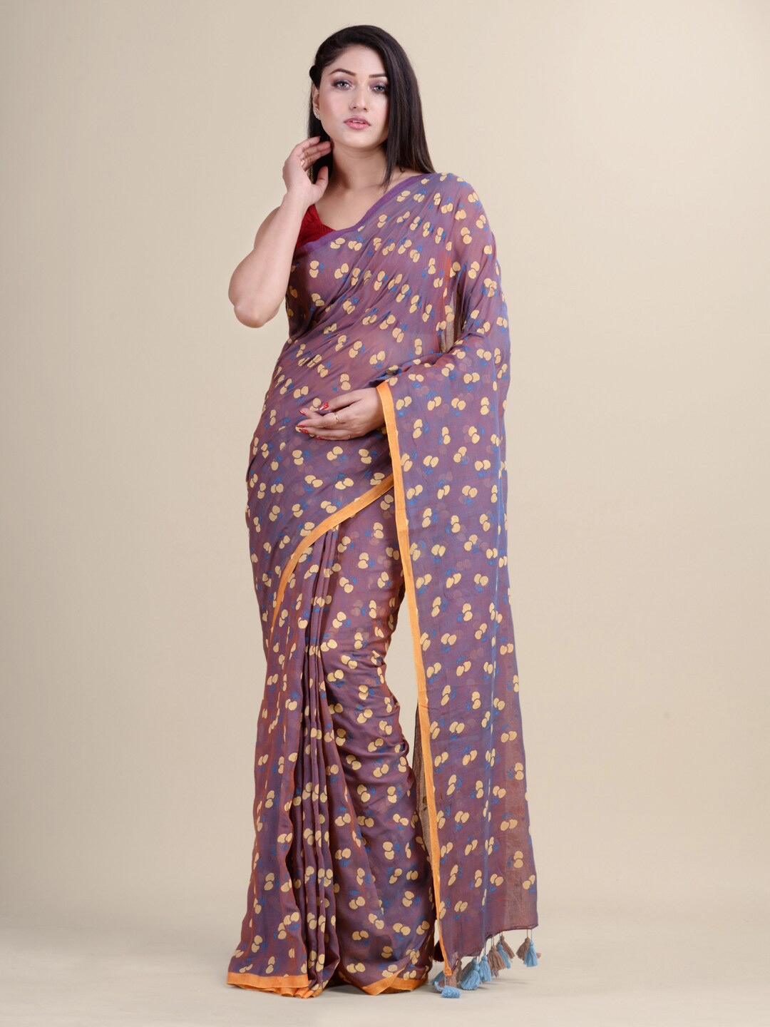 

Laa Calcutta Magenta & Orange Woven Design Silk Cotton Jamdani Saree