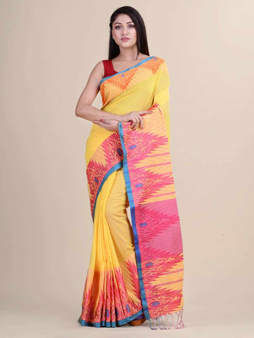 

Laa Calcutta Yellow & Pink Woven Design Silk Cotton Jamdani Saree