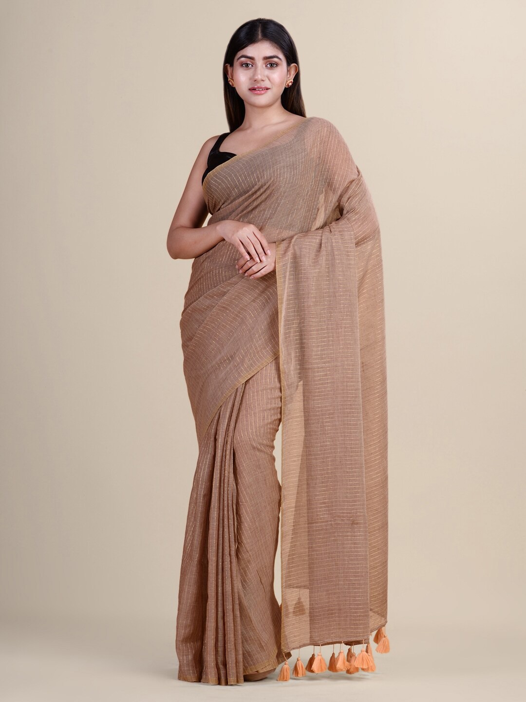 

Laa Calcutta Brown & Golden Striped Zari Silk Cotton Jamdani Saree