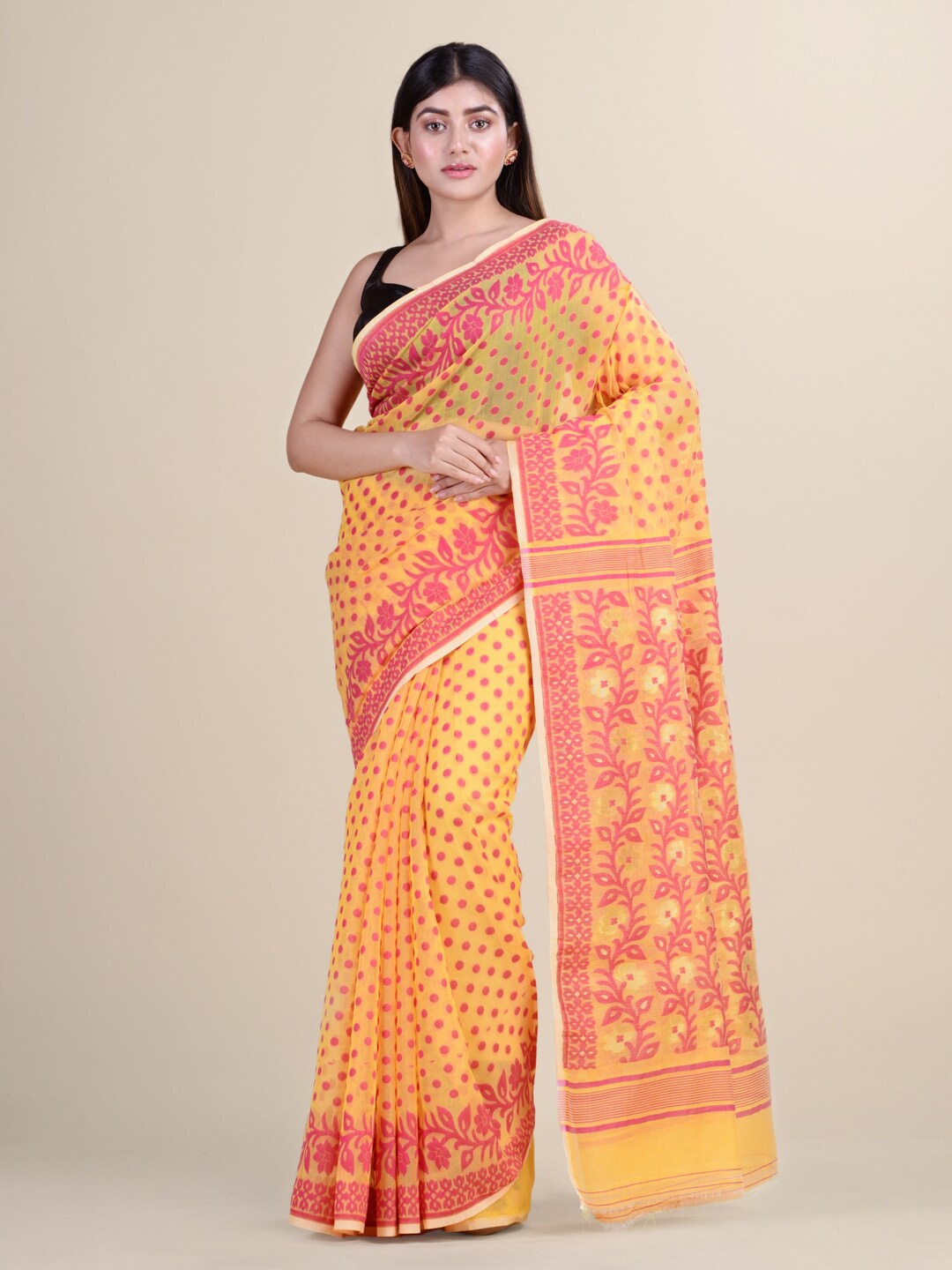 

Laa Calcutta Yellow & Pink Floral Silk Cotton Jamdani Saree