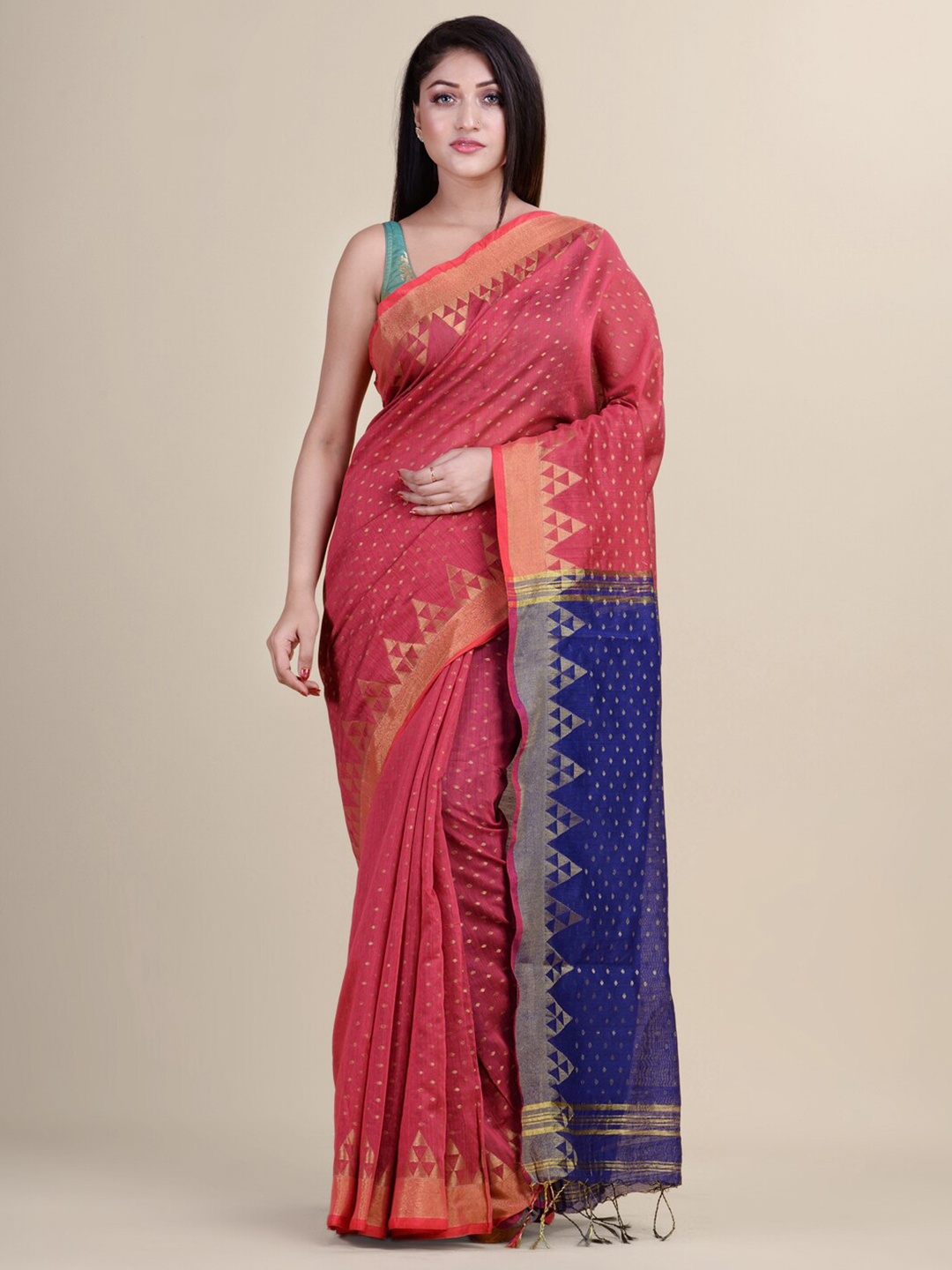 

Laa Calcutta Maroon & Blue Woven Design Silk Cotton Jamdani Saree