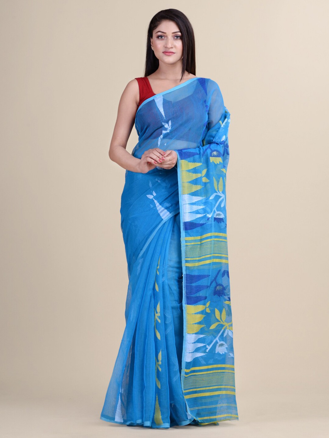 

Laa Calcutta Blue & Yellow Woven Design Silk Cotton Jamdani Saree