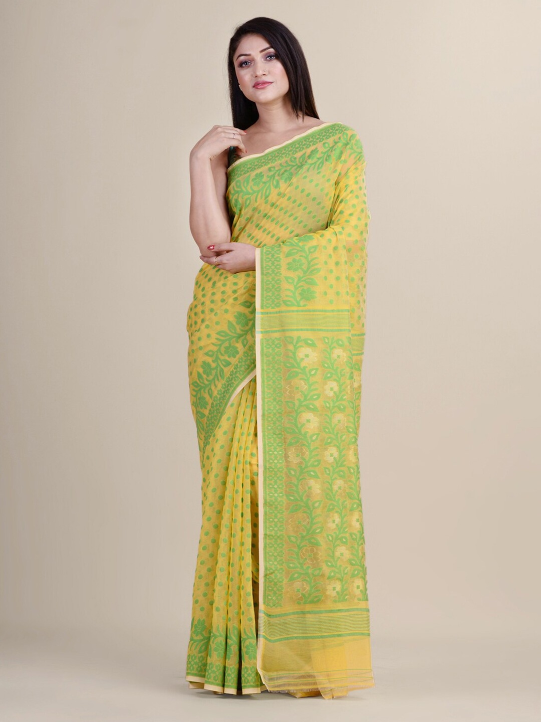 

Laa Calcutta Yellow & Lime Green Silk Cotton Jamdani Saree