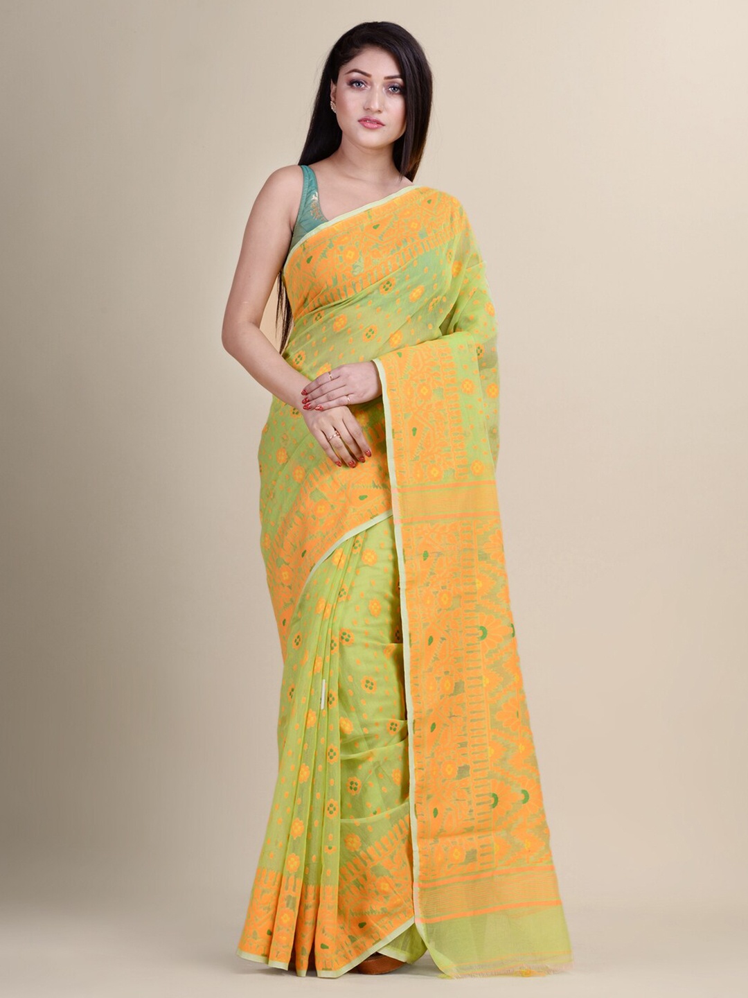 

Laa Calcutta Lime Green & Orange Woven Design Silk Cotton Jamdani Saree