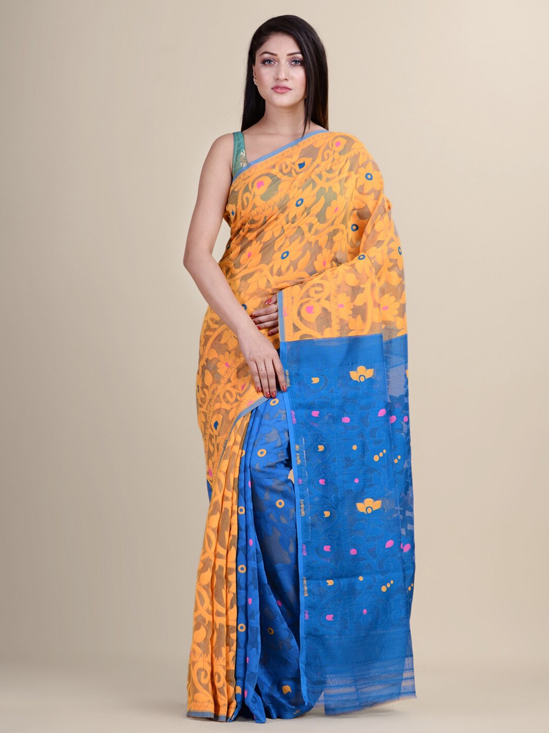 

Laa Calcutta Yellow & Blue Woven Design Silk Cotton Jamdani Saree