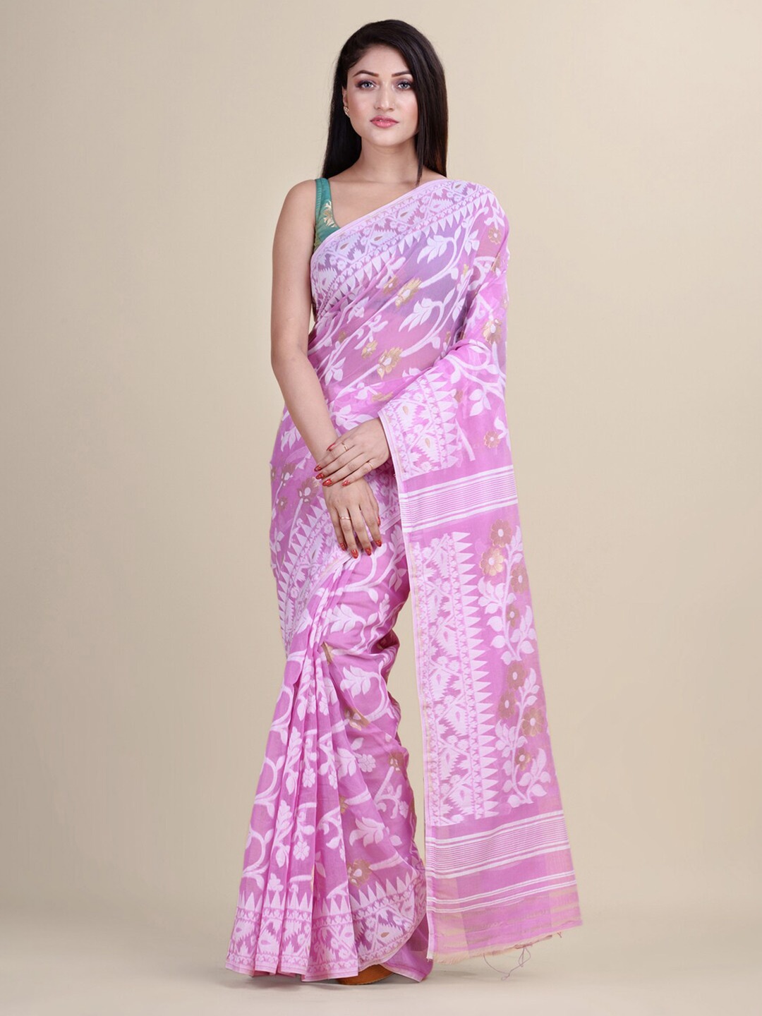 

Laa Calcutta Lavender & White Woven Design Silk Cotton Jamdani Saree