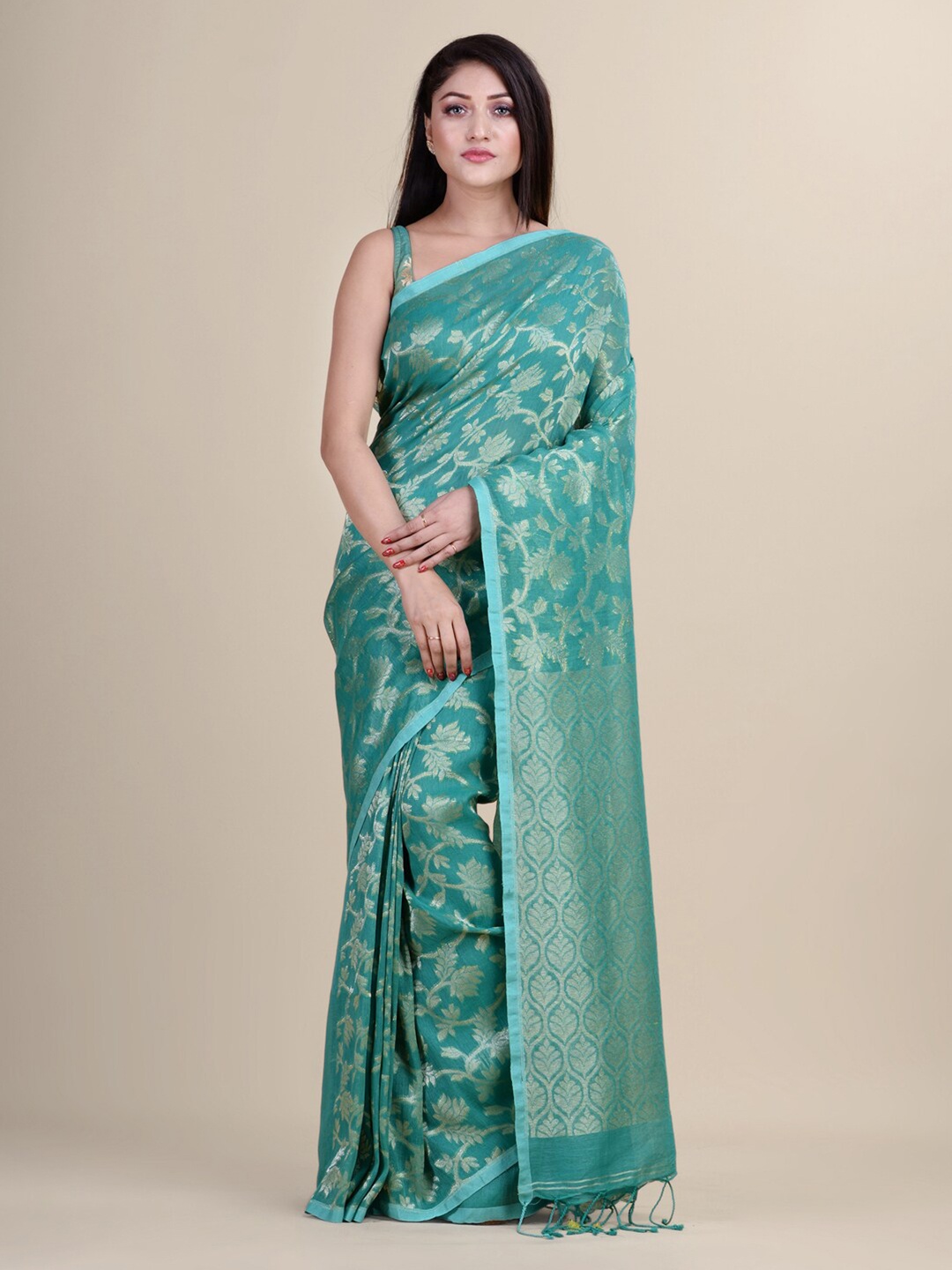 

Laa Calcutta Sea Green & Gold-Toned Ethnic Motifs Zari Silk Cotton Jamdani Saree