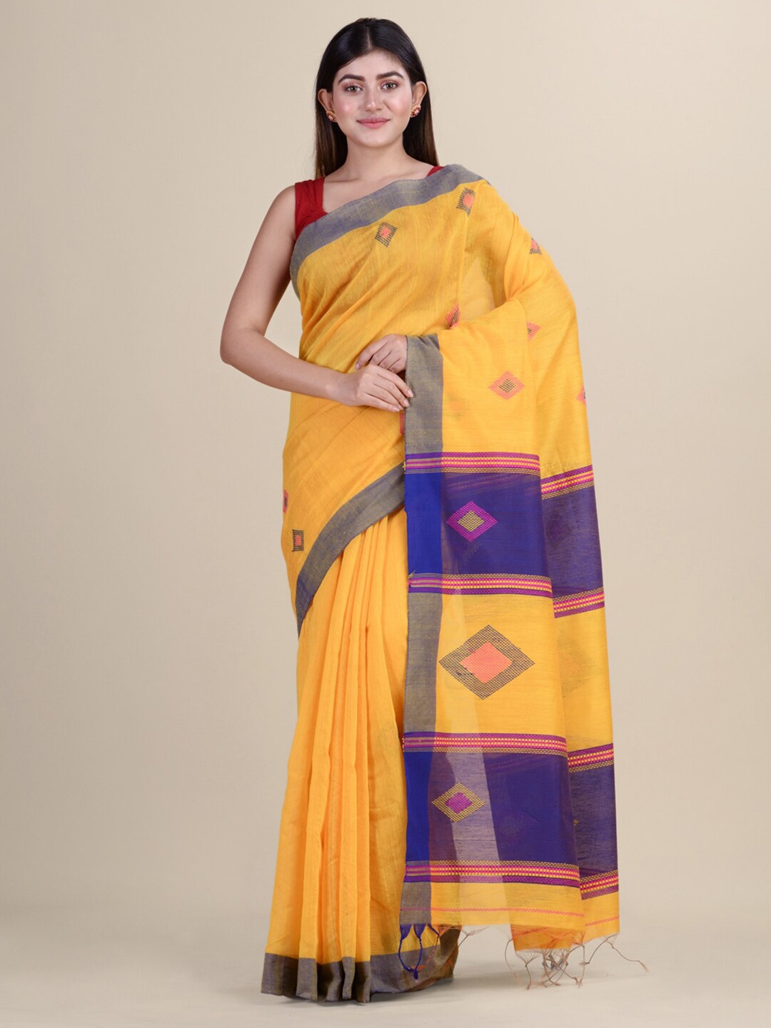 

Laa Calcutta Yellow & Violet Woven Design Silk Cotton Jamdani Saree