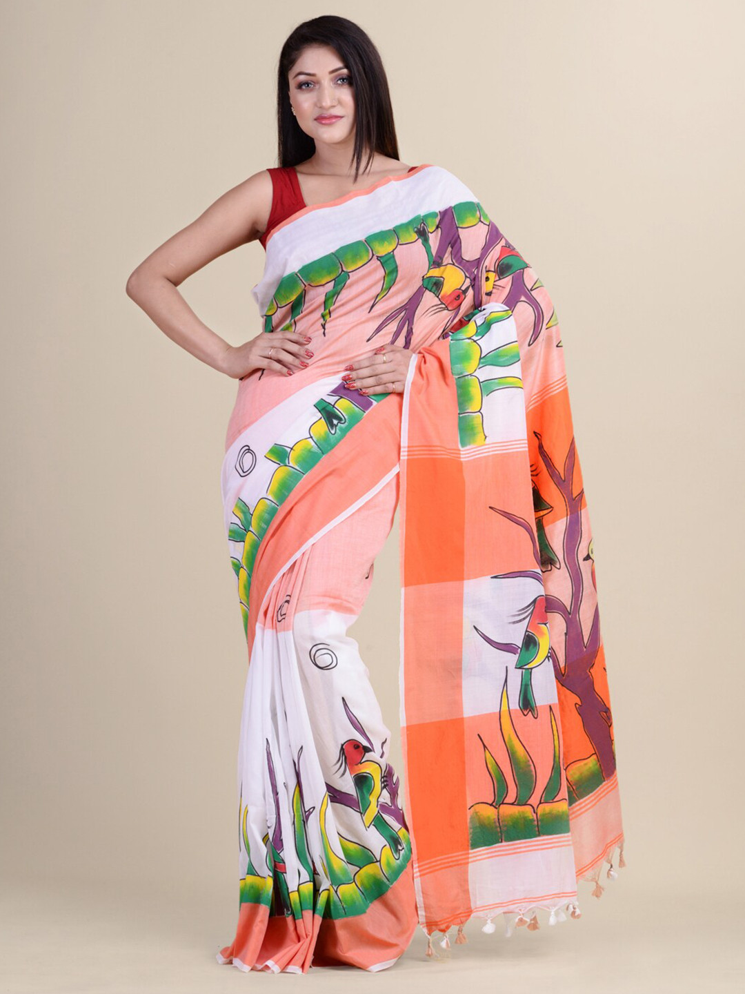 

Laa Calcutta White & Orange Silk Cotton Tant Jamdani Saree