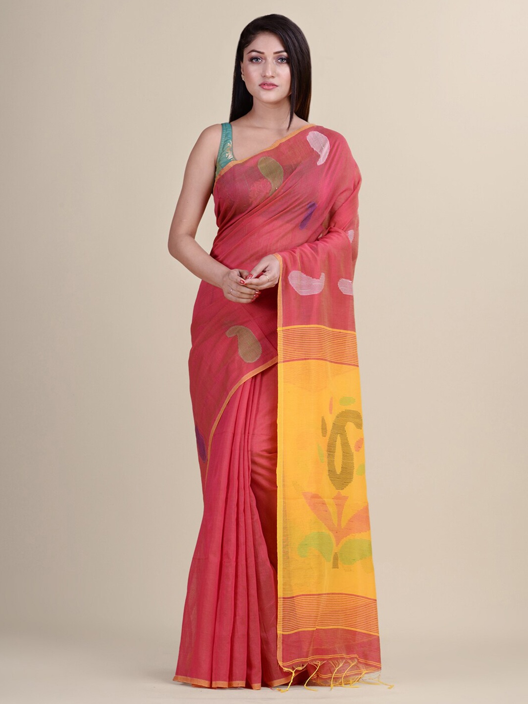 

Laa Calcutta Pink & Yellow Paisley Silk Cotton Jamdani Saree